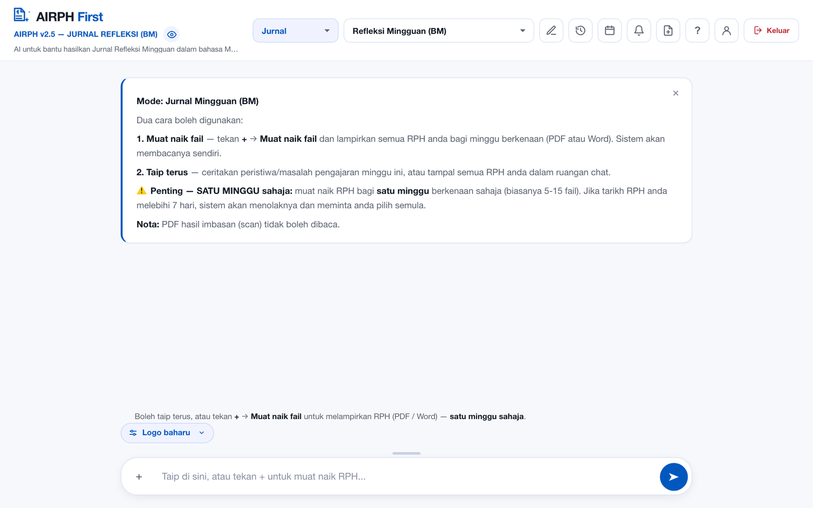 Skrin AIRPH dalam mod Jurnal Refleksi Mingguan